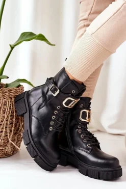 Boto Botki Sznurowane|Czarne Botki*Ocieplane Workery Ze Złotą Klamrą Czarne Maybelle