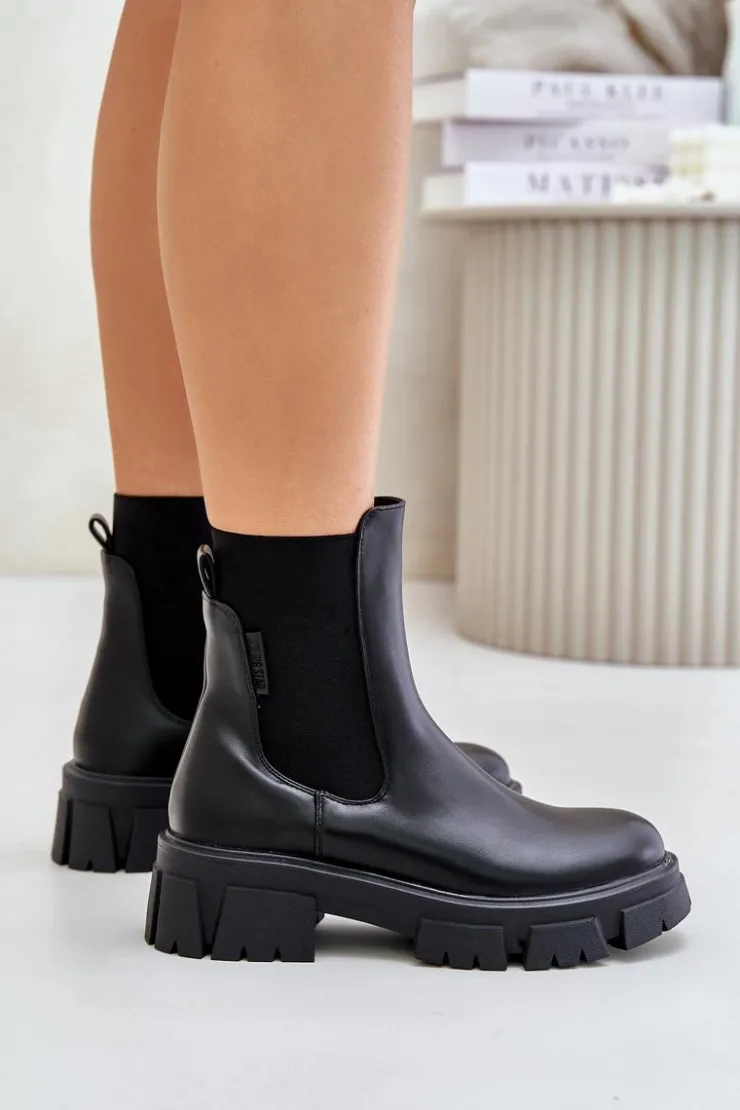 New Big Star Shoes Ocieplane Wsuwane Botki Sztyblety Z Eko Skóry Big Star MM274071 Czarne