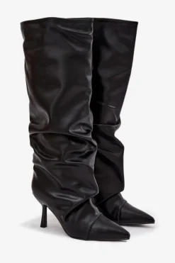 Sale Boto Ocieplane Wsuwane Kozaki Damskie Na Szpilce Z Marszczeniem Czarne Angelica