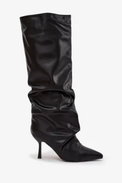Sale Boto Ocieplane Wsuwane Kozaki Damskie Na Szpilce Z Marszczeniem Czarne Angelica