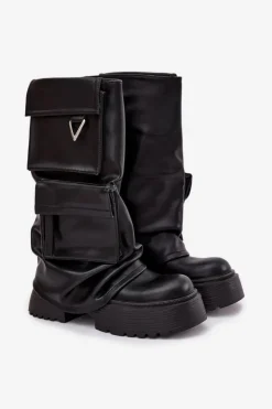 Damskie Boto Ocieplane Wsuwane Kozaki Damskie Na Masywnej Platformie Z Kieszeniami Czarne Clarinda