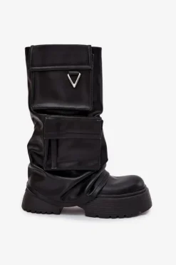 Damskie Boto Ocieplane Wsuwane Kozaki Damskie Na Masywnej Platformie Z Kieszeniami Czarne Clarinda