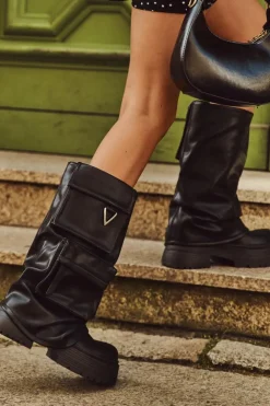 Damskie Boto Ocieplane Wsuwane Kozaki Damskie Na Masywnej Platformie Z Kieszeniami Czarne Clarinda