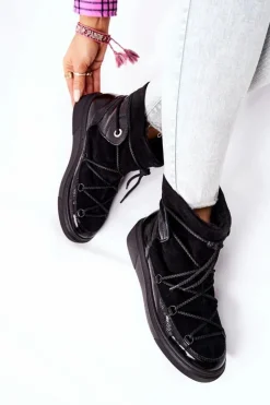 Damskie Boto Ocieplane Zamszowe Botki Śniegowce Czarne Clarem