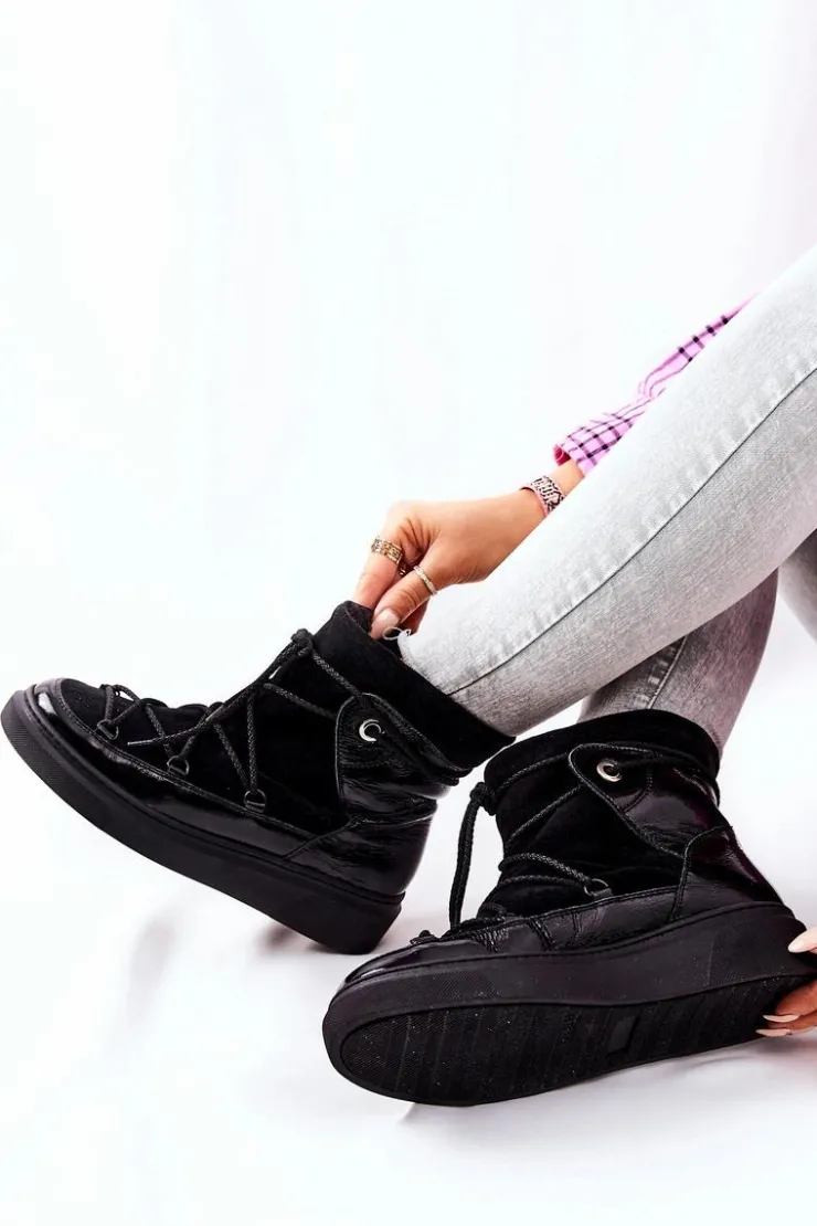 Damskie Boto Ocieplane Zamszowe Botki Śniegowce Czarne Clarem