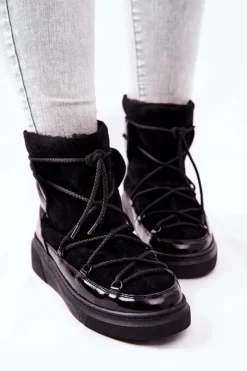 Damskie Boto Ocieplane Zamszowe Botki Śniegowce Czarne Clarem