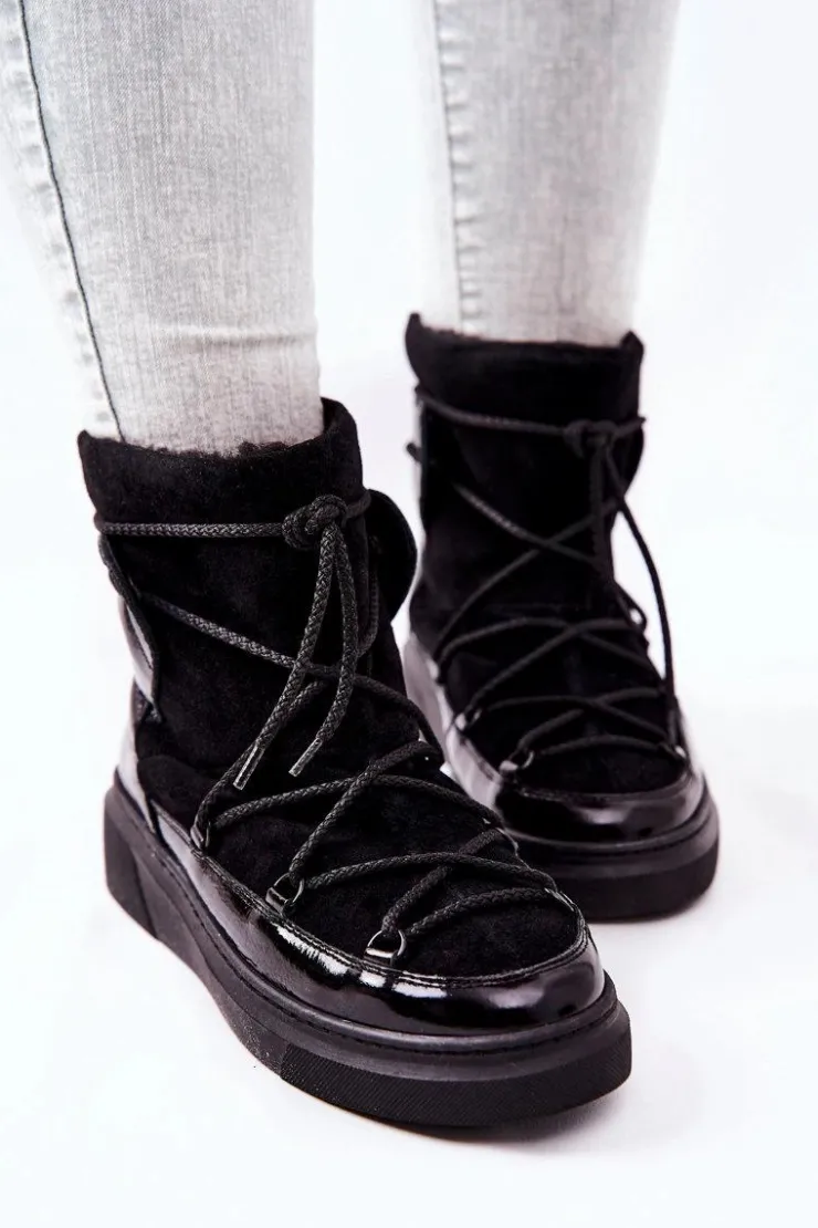 Damskie Boto Ocieplane Zamszowe Botki Śniegowce Czarne Clarem