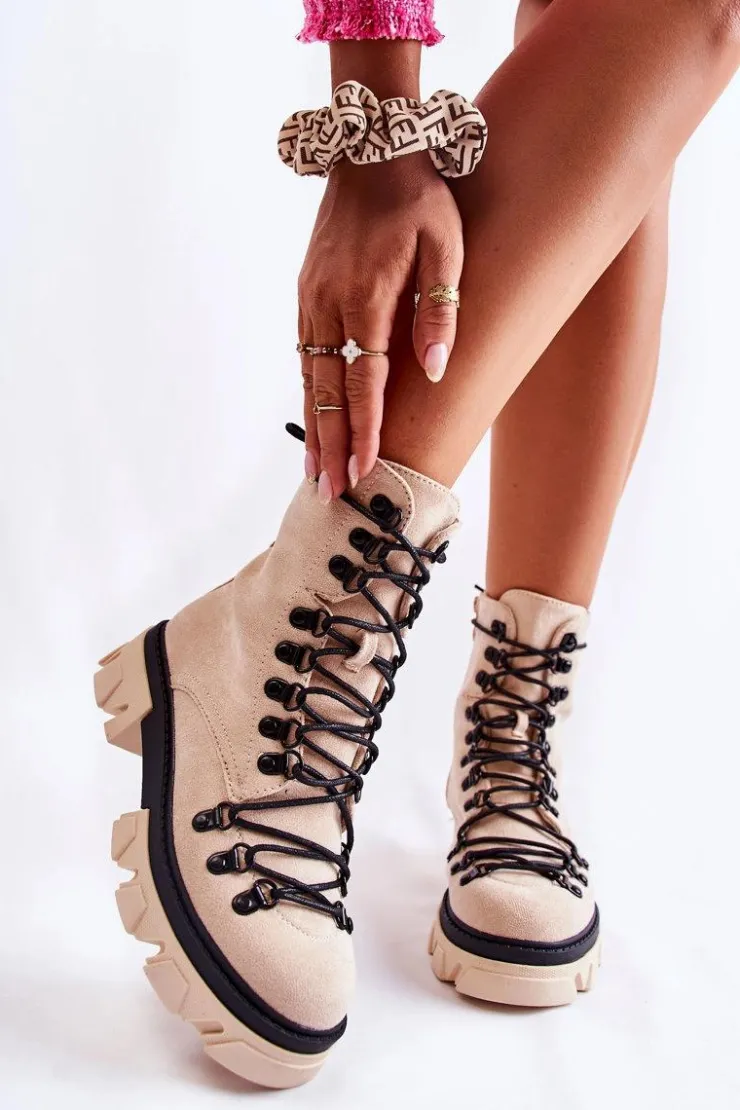 Online Boto Ocieplane Zamszowe Botki Workery Wiązane Beżowe Pierro