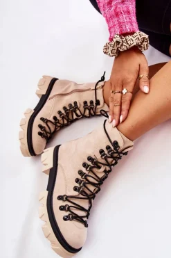 Online Boto Ocieplane Zamszowe Botki Workery Wiązane Beżowe Pierro