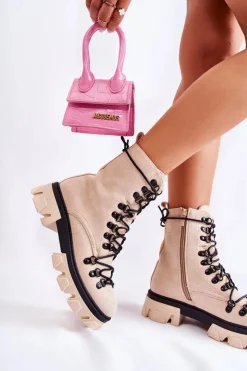 Online Boto Ocieplane Zamszowe Botki Workery Wiązane Beżowe Pierro