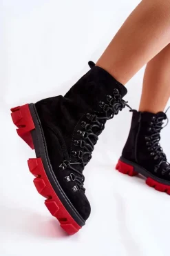 Boto Damskie Trapery|Botki Sznurowane*Ocieplane Zamszowe Botki Workery Wiązane Czarno-Czerwone Pierro
