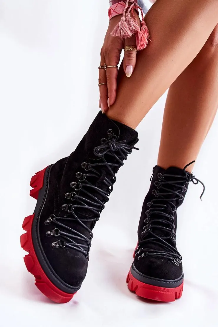Boto Damskie Trapery|Botki Sznurowane*Ocieplane Zamszowe Botki Workery Wiązane Czarno-Czerwone Pierro