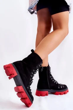 Boto Damskie Trapery|Botki Sznurowane*Ocieplane Zamszowe Botki Workery Wiązane Czarno-Czerwone Pierro