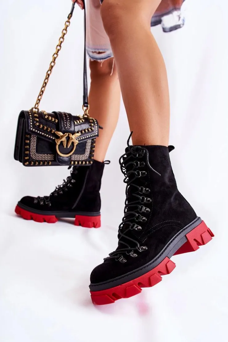 Boto Damskie Trapery|Botki Sznurowane*Ocieplane Zamszowe Botki Workery Wiązane Czarno-Czerwone Pierro