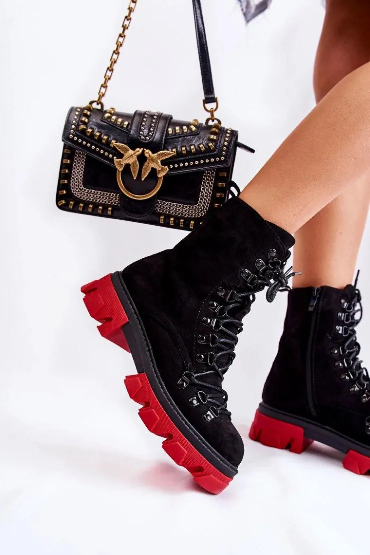 Boto Damskie Trapery|Botki Sznurowane*Ocieplane Zamszowe Botki Workery Wiązane Czarno-Czerwone Pierro