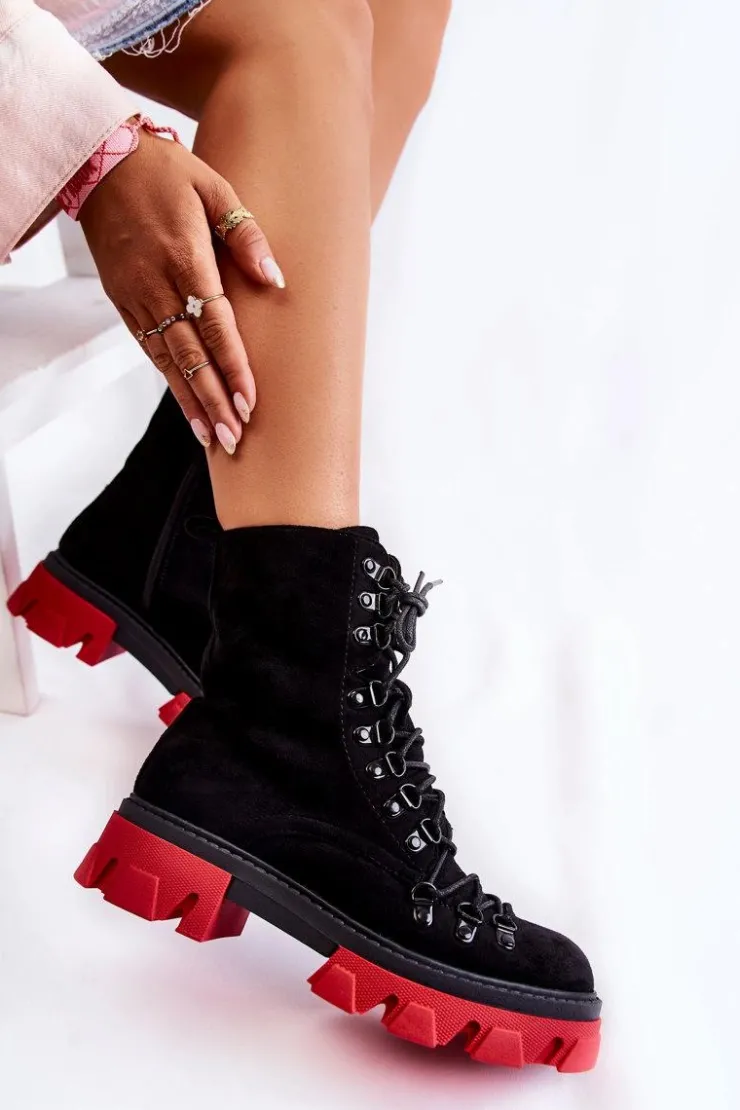 Boto Damskie Trapery|Botki Sznurowane*Ocieplane Zamszowe Botki Workery Wiązane Czarno-Czerwone Pierro