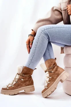 Boto Damskie Trapery|Botki Sznurowane*Ocieplane Zamszowe Botki Trapery Beżowe Mindago