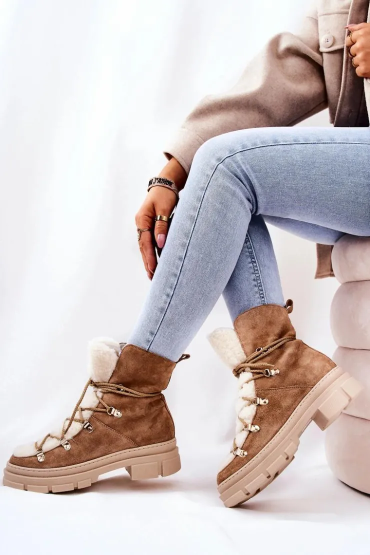 Boto Damskie Trapery|Botki Sznurowane*Ocieplane Zamszowe Botki Trapery Beżowe Mindago