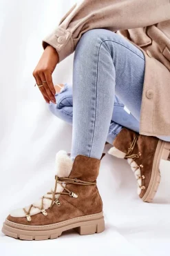 Boto Damskie Trapery|Botki Sznurowane*Ocieplane Zamszowe Botki Trapery Beżowe Mindago