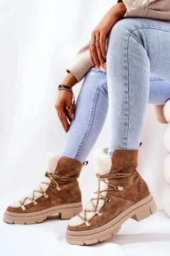 Boto Damskie Trapery|Botki Sznurowane*Ocieplane Zamszowe Botki Trapery Beżowe Mindago