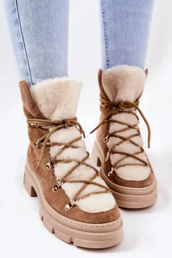 Boto Damskie Trapery|Botki Sznurowane*Ocieplane Zamszowe Botki Trapery Beżowe Mindago