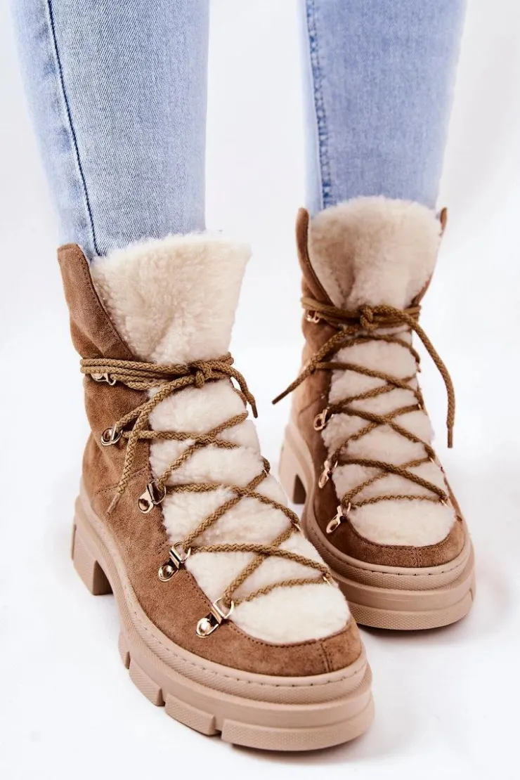 Boto Damskie Trapery|Botki Sznurowane*Ocieplane Zamszowe Botki Trapery Beżowe Mindago