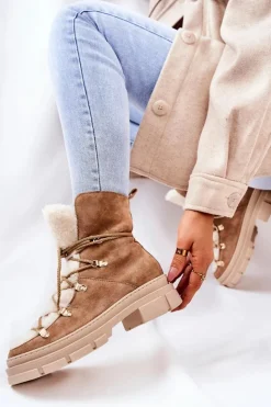 Boto Damskie Trapery|Botki Sznurowane*Ocieplane Zamszowe Botki Trapery Beżowe Mindago