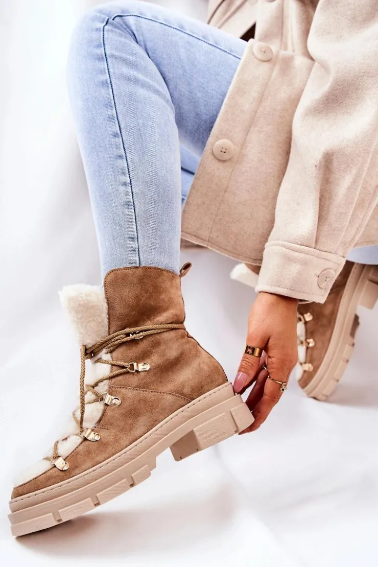 Boto Damskie Trapery|Botki Sznurowane*Ocieplane Zamszowe Botki Trapery Beżowe Mindago