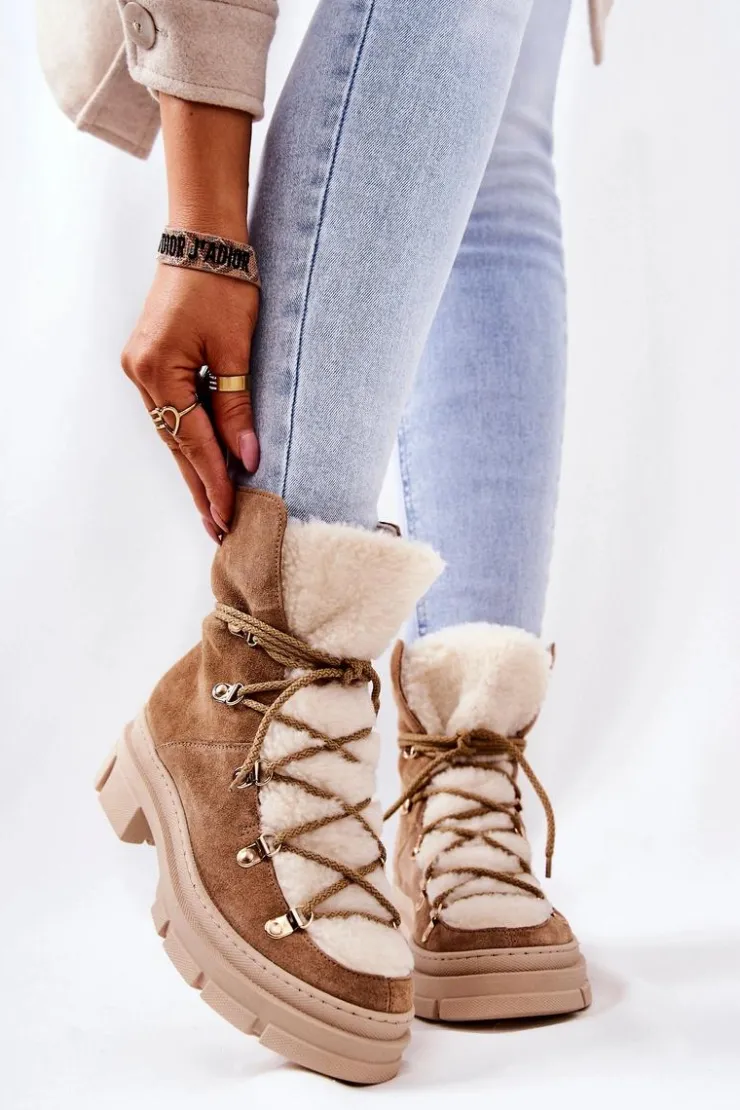 Boto Damskie Trapery|Botki Sznurowane*Ocieplane Zamszowe Botki Trapery Beżowe Mindago