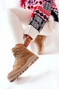 New Boto Ocieplane Zamszowe Botki Trapery Camel Madisson