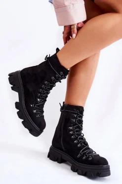 Sale Boto Ocieplane Zamszowe Botki Workery Wiązane Czarne Pierro Czarny