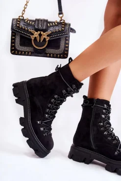 Sale Boto Ocieplane Zamszowe Botki Workery Wiązane Czarne Pierro Czarny