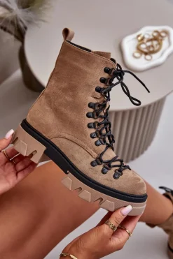 Damskie Boto Ocieplane Zamszowe Botki Workery Wiązane Brązowe Pierro