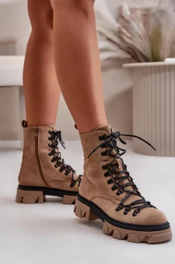 Damskie Boto Ocieplane Zamszowe Botki Workery Wiązane Brązowe Pierro