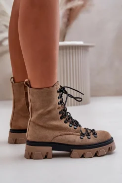 Damskie Boto Ocieplane Zamszowe Botki Workery Wiązane Brązowe Pierro
