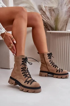 Damskie Boto Ocieplane Zamszowe Botki Workery Wiązane Brązowe Pierro