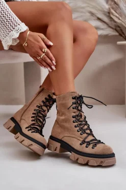 Damskie Boto Ocieplane Zamszowe Botki Workery Wiązane Brązowe Pierro