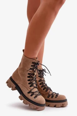 Damskie Boto Ocieplane Zamszowe Botki Workery Wiązane Brązowe Pierro