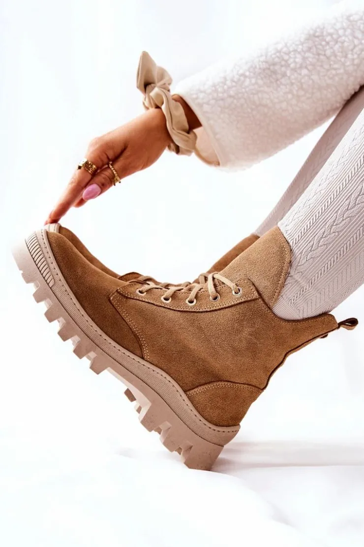 Boto Botki Sznurowane|Botki Zimowe Damskie*Ocieplane Zamszowe Botki Trapery Camel Annabeth