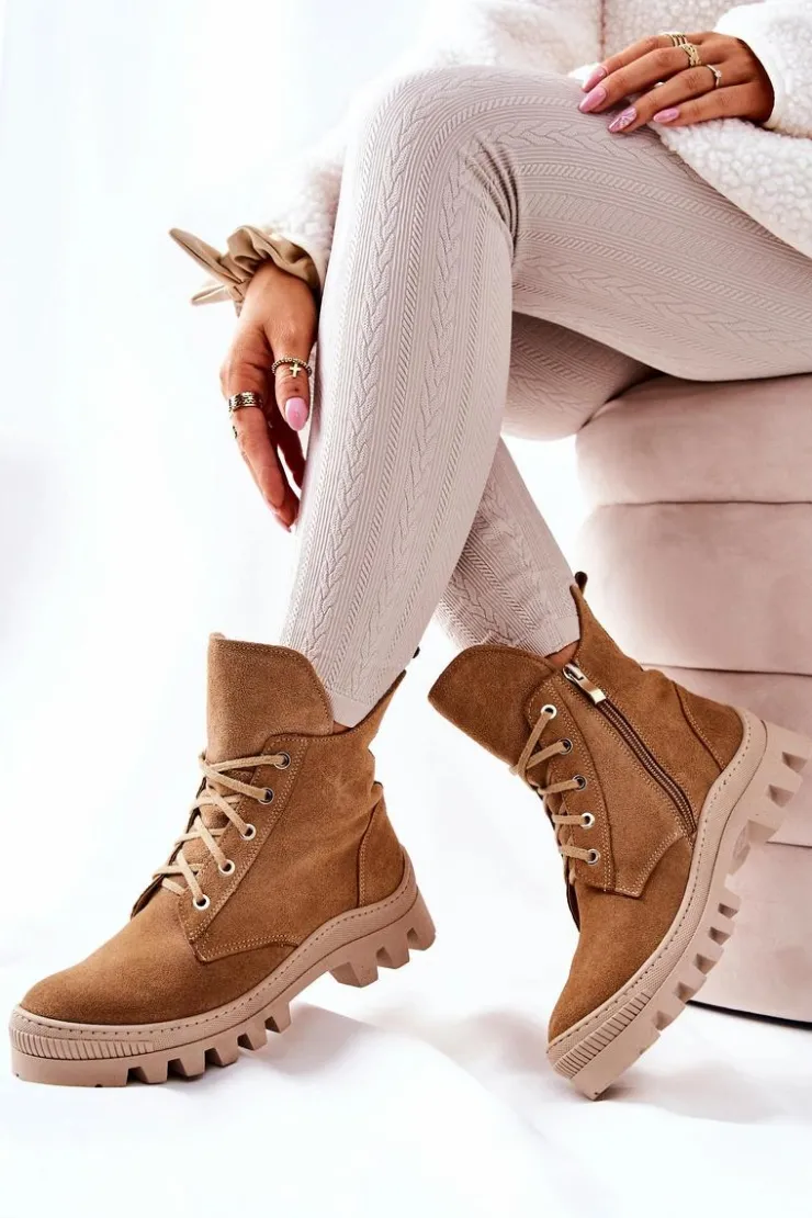Boto Botki Sznurowane|Botki Zimowe Damskie*Ocieplane Zamszowe Botki Trapery Camel Annabeth