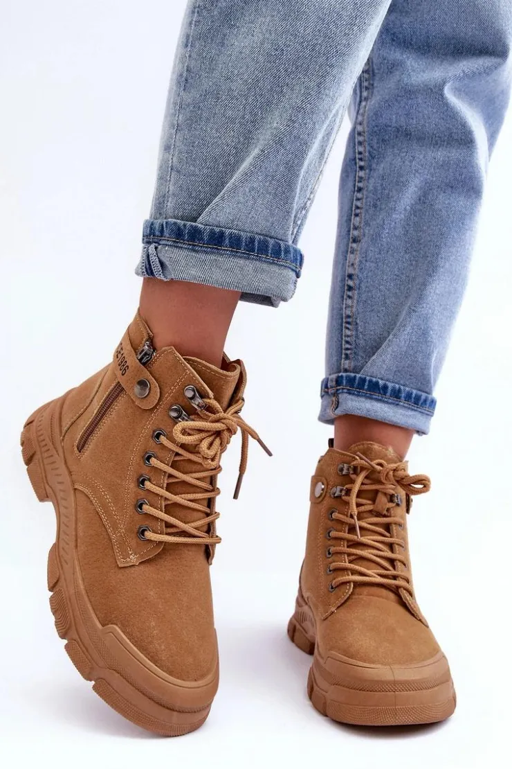 Boto Botki Ocieplane|Damskie Trapery*Ocieplane Zamszowe Damskie Botki Trapery Camel Jailina Brązowy