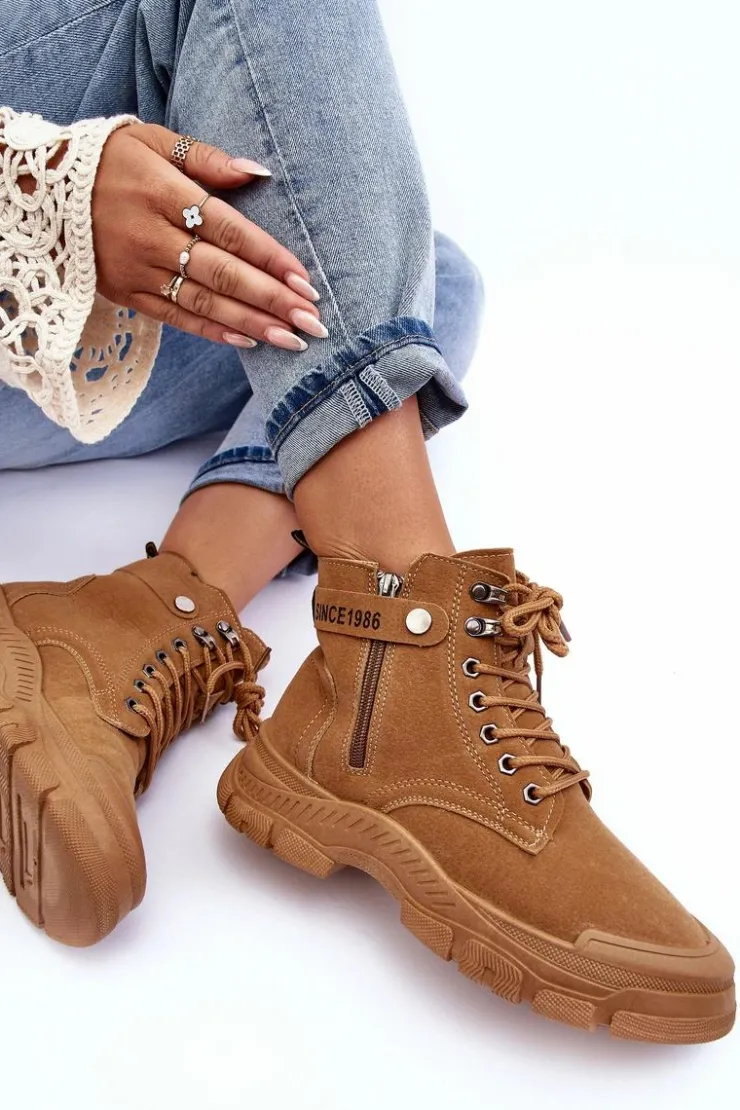 Boto Botki Ocieplane|Damskie Trapery*Ocieplane Zamszowe Damskie Botki Trapery Camel Jailina Brązowy