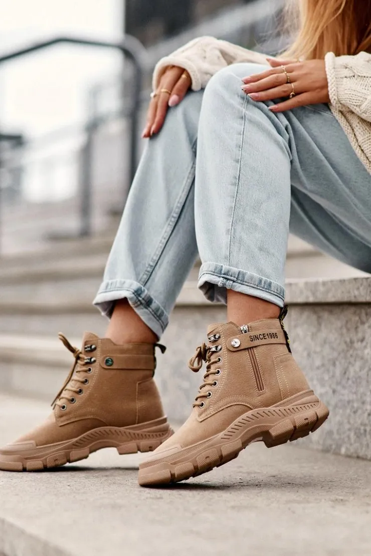 Boto Botki Ocieplane|Damskie Trapery*Ocieplane Zamszowe Damskie Botki Trapery Beżowe Jailina Beżowy