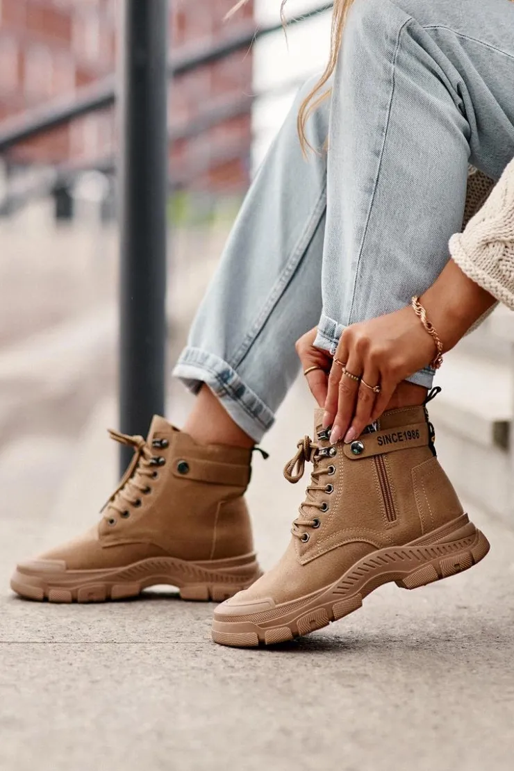 Boto Botki Ocieplane|Damskie Trapery*Ocieplane Zamszowe Damskie Botki Trapery Beżowe Jailina Beżowy