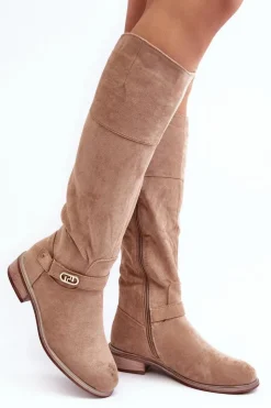 Damskie Damskie buty S.Barski Ocieplane Zamszowe Kozaki Na Płaskim Obcasie S.Barski HY07-31 Beżowe