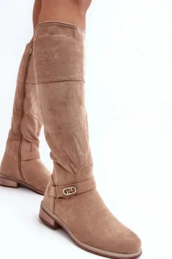 Damskie Damskie buty S.Barski Ocieplane Zamszowe Kozaki Na Płaskim Obcasie S.Barski HY07-31 Beżowe