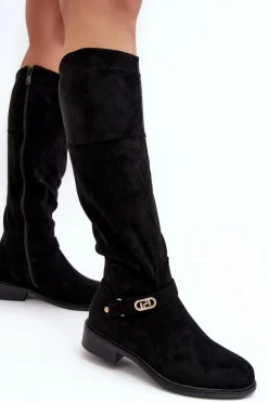 Clearance Damskie buty S.Barski Ocieplane Zamszowe Kozaki Na Płaskim Obcasie S.Barski HY07-31 Czarne