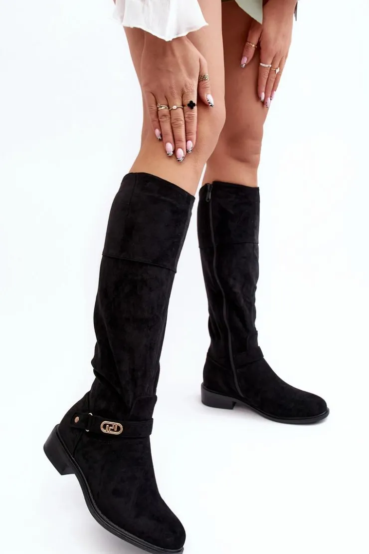 Clearance Damskie buty S.Barski Ocieplane Zamszowe Kozaki Na Płaskim Obcasie S.Barski HY07-31 Czarne