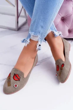 Boto Baleriny Klasyczne*Oliwkowe Damskie Baleriny Naszywki Lipstick