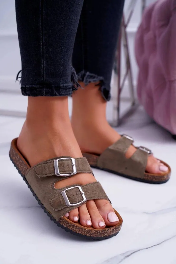 Damskie Boto Oliwkowe Zamszowe Korkowe Damskie Klapki Klamry Beatris